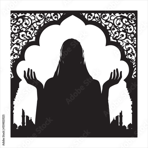 Profile view of a person in Munajat, hands outstretched in prayer, black silhouette on a white background 