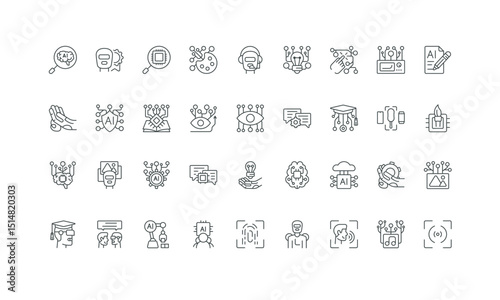 Fingerprint and voice recognition, microchip, tech brain thin black symbols vector illustration. Artificial intelligence, generative AI, machine learning, automation process line icon set.