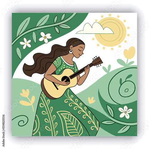 A young woman with long, dark hair and a light-skinned ethnicity is depicted playing a guitar.  She is positioned in the center of the image, slightly angled toward the viewer.  She has a serene expre