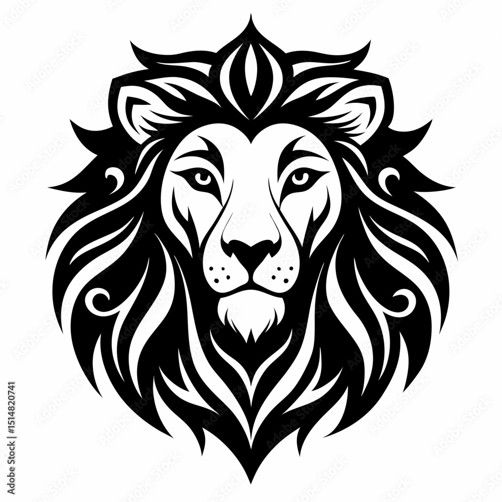 Fototapeta premium Black and white illustration of a lion's head with intricate details.