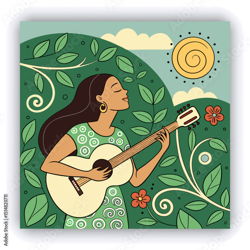 A young woman with long, dark hair and a light-skinned ethnicity is depicted playing a guitar.  She is positioned in the center of the image, slightly angled toward the viewer.  She has a serene expre
