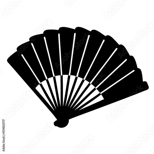 Black and white illustration of an opened hand fan with ribs