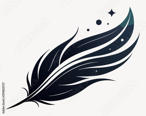 Elegant feather illustration with a star and dots in monochrome.