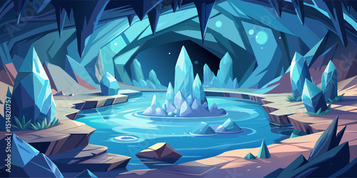 Mystical Ice Cavern with Crystal Formations and Pool.