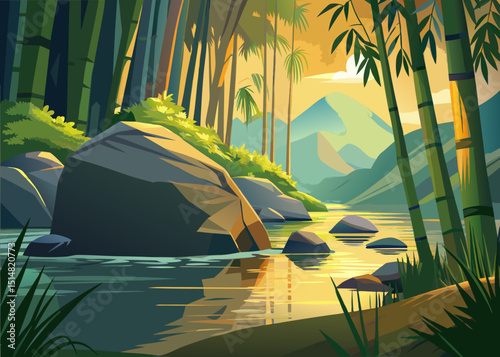 Peaceful bamboo forest with a calm river reflecting mountains and sky in distance.