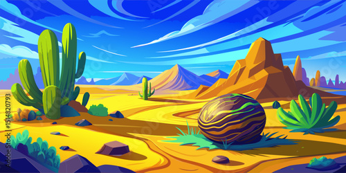 Desert Landscape with Cacti and Mountains Under Blue Sky.