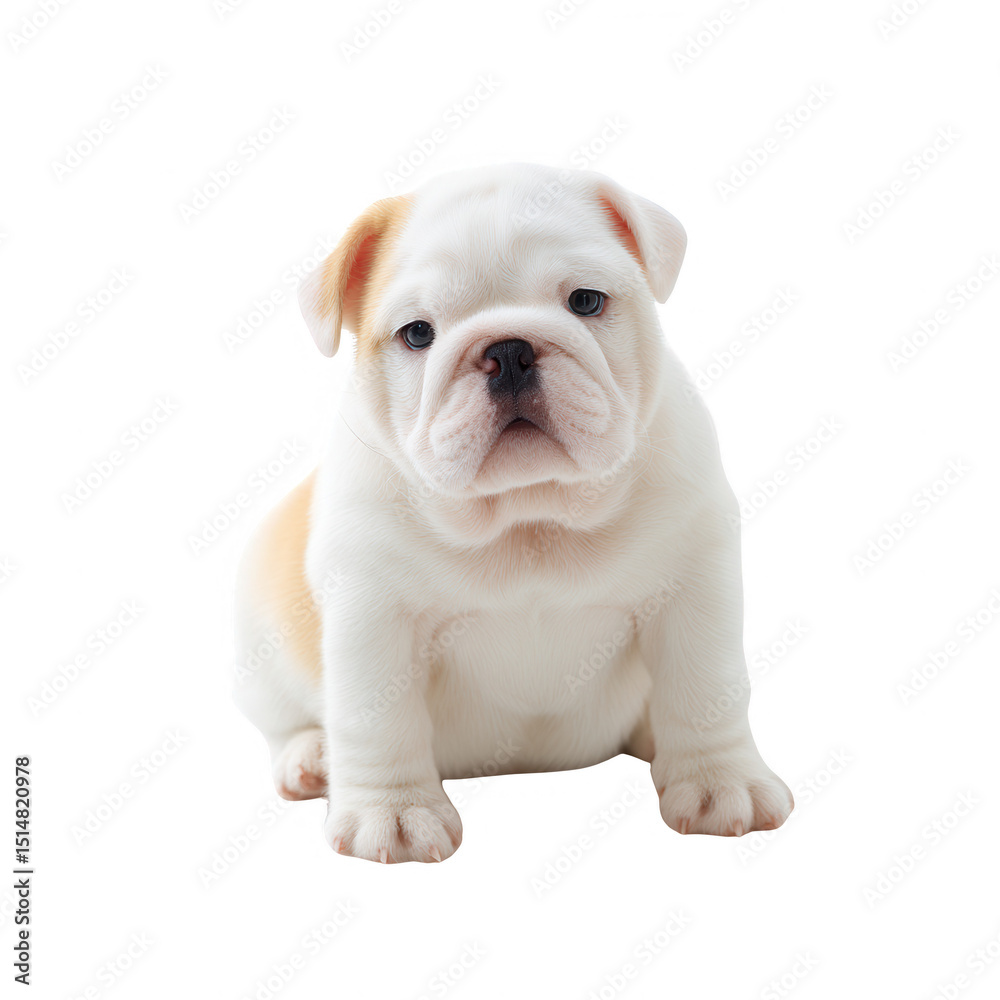 Adorable white bulldog puppy sitting, with a calm expression against a white isolated background. Adorable white bulldog puppy sitting, with a calm expression against a white isolated background.