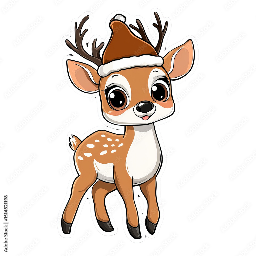 Obraz premium Adorable deer with red hat, reindeer in santa hat, look so happy and have smile. it bring joy to season and christmas spirit