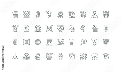 Model processing, circuit and network thin black symbols vector illustration. Machine learning, digital algorithm system, process of tech data automation, classification line icon set.