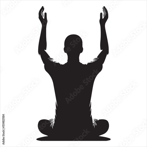 Profile view of a person in Munajat, hands outstretched in prayer, black silhouette on a white background 