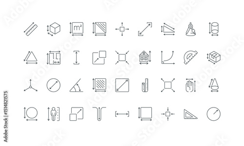 Precision measuring of person height, building and box thin black symbols vector illustration. Measurement space, length and width, thickness of geometric shape, dimension arrows line icon set.
