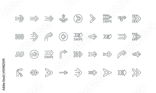 Button arrows pack with hollow shape, swipe and next page thin black symbols vector illustration. Direction arrows, digital navigation sign to right, turn and down, forward line icon set.