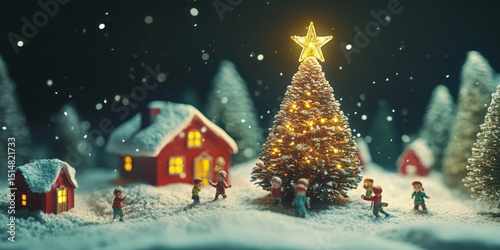 Christmas tree and Christmas village create joyful and festive atmosphere, while people share merry moments. Such magical winter wonderland