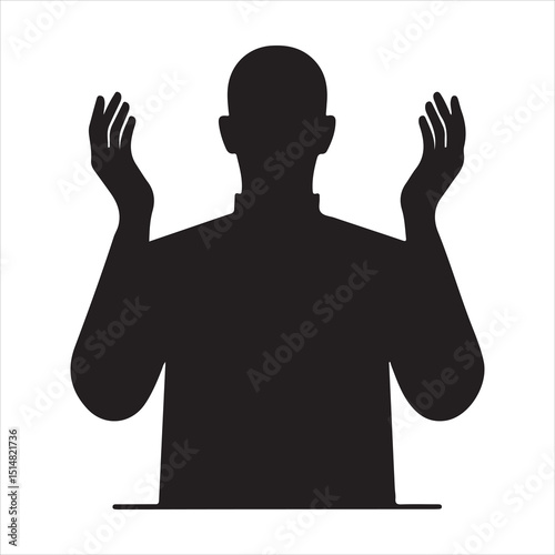 Profile view of a person in Munajat, hands outstretched in prayer, black silhouette on a white background 