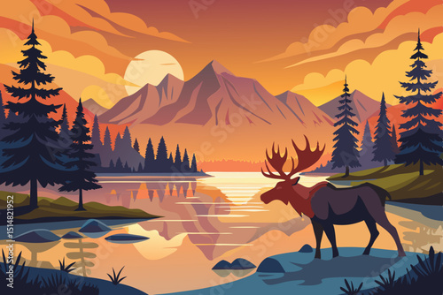 deer on sunset in the mountains vector
