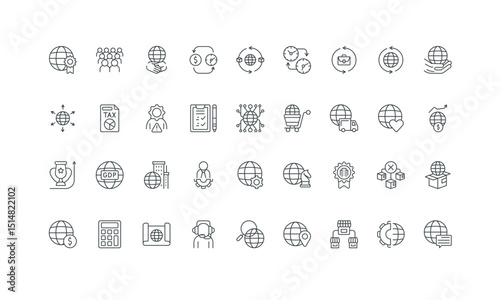 Earth globe with message and heart, handshake thin black outline symbols vector illustration. Global business organization, worldwide product distribution, international commerce line icon set.