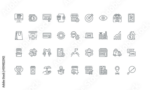 Economic and financial research, vision, automation of process thin black outline symbols vector illustration. Small and medium business growth, startup strategy and goals line icon set.