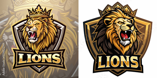Powerful lion head mascot logos in regal gold-toned shields, crafted for royalty-themed sports brands, fantasy teams, or digital merchandise and branding work, vector