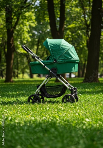 Stroller Photo Green Baby Pram Amidst Park Summer Strolling Nature
