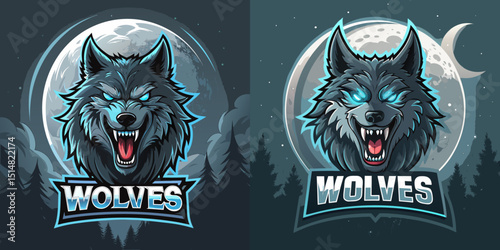 Angry wolf mascot logos with glowing eyes under full moon, perfect for dark fantasy, esports, wilderness themes, or howling identity branding for game streaming, vector