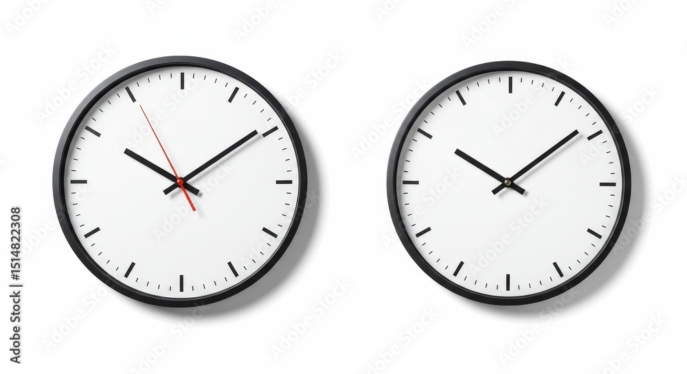 Realistic Image Two Black Wall Clocks Show Different Times Realistic Image Two Black Wall Clocks Show Different Times