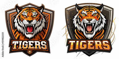 Roaring tiger mascot logos with bold expressions in dynamic sports shield designs, ideal for gaming, sports teams, or branding projects seeking fierce identity, vector