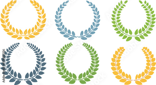 Set of six stylized and symmetrical laurel wreaths in vibrant pastel and bright colors featuring densely packed leaves forming perfect circles, arranged in a flat frontal layout for graphic design 