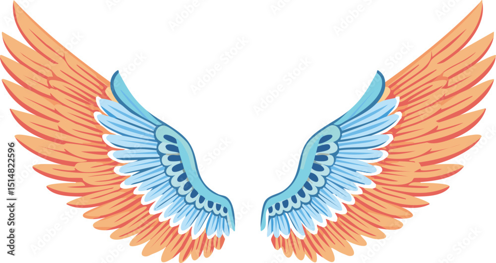 Fototapeta premium Vector Artwork of Embroidered-Style Angel Wings in Vibrant Hues Frontal Perspective with Soft Shadows and Cartoon Illustration Aesthetic