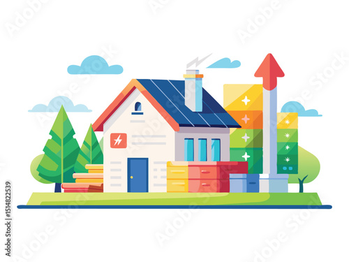 Eco friendly house with solar panels isolated on white background
