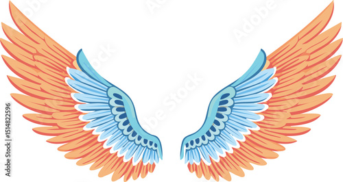 Vector Artwork of Embroidered-Style Angel Wings in Vibrant Hues Frontal Perspective with Soft Shadows and Cartoon Illustration Aesthetic