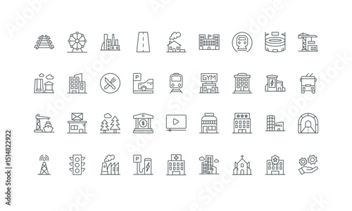 Amusement park and port, parking thin black outline symbols vector illustration. Urban infrastructure, public city buildings and tunnel, bridge and road, traffic light line icon set.