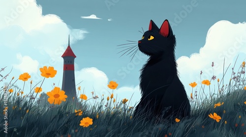 A black cat sits amidst wildflowers, gazing at a small tower in a field.  A serene, idyllic scene with soft pastel colors and a lighthearted mood