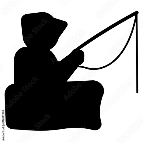 Silhouette of a person fishing with a rod and sitting down