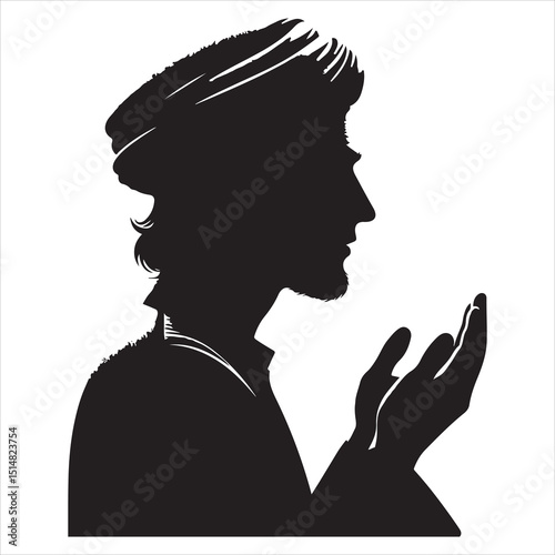 Profile view of a person in Munajat, hands outstretched in prayer, black silhouette on a white background 31