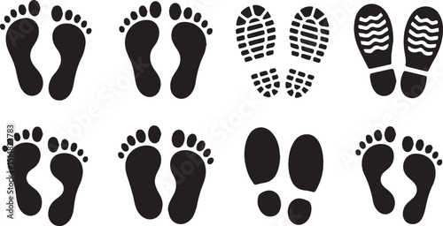 Barefoot and shoe prints silhouette set