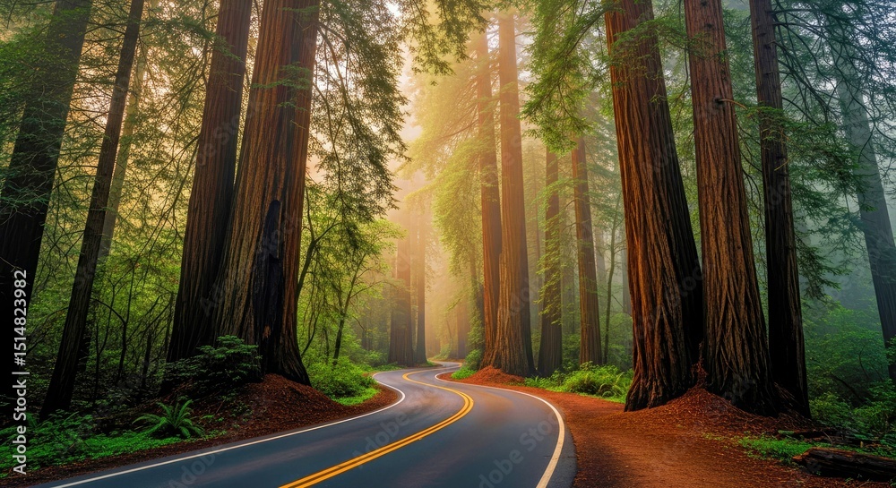 Obraz premium Scenic Road Winding Through Redwood National Forest Majestic Ancient Trees