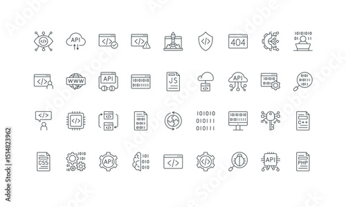 Deploy and operate, build and test code, language thin black outline symbols vector illustration. Programming and coding, API system, technical maintenance service for code line icon set.