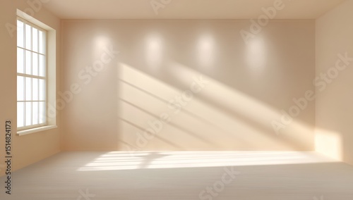 Wallpaper Mural A bright, empty room with sunlight streaming through a large window, casting shadows on the minimalist cream-colored walls and floor, Minimalist home decor. Torontodigital.ca