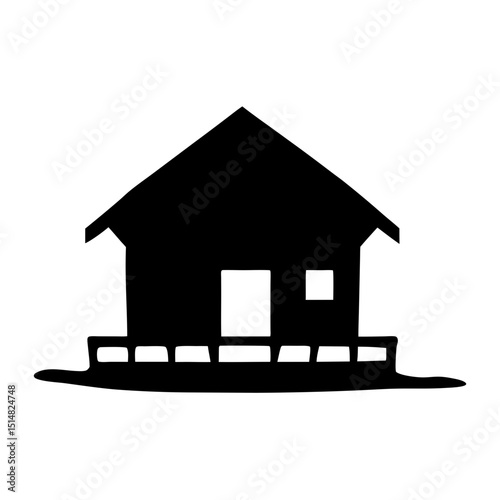 Silhouette of a simple house with a porch and a roof on white background