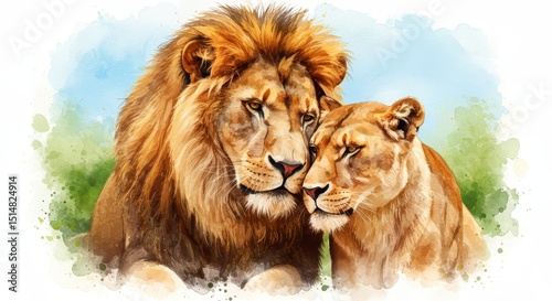 Watercolor Lion and Lioness Affection Illustration Feline Love
