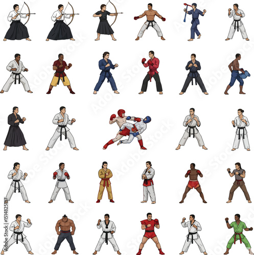 Various martial arts and combat sports fighters in pixelated style poses and uniforms