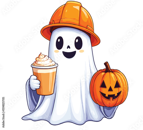 A cartoon ghost wearing a hard hat holding a pumpkin and a cup of coffee with whipped cream on top