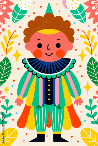 Colorful character in clown costume surrounded by playful decorations - Concept of children's drawing  