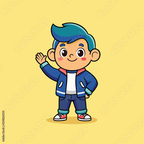 Small adorable boy in denim jacket joggers vector illustration