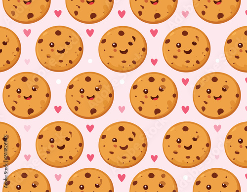 A repeating pattern of cartoon cookies with faces and hearts on a light pink background design element