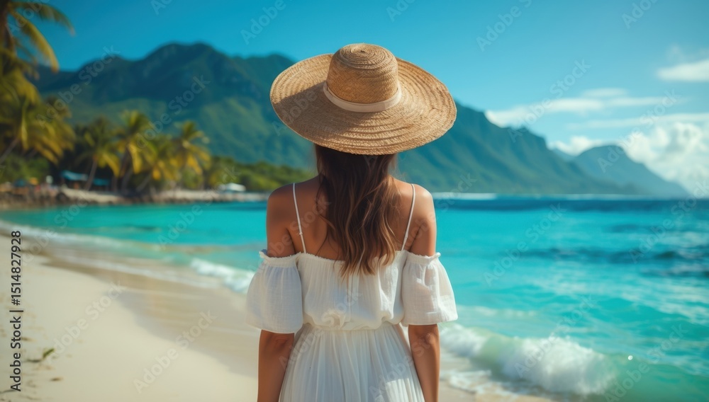 a young woman in white dress looking at the sea a young woman in white dress looking at the sea