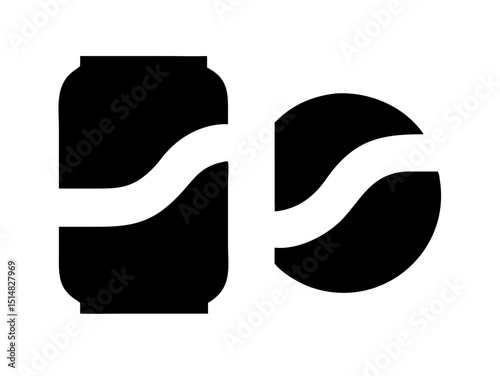 Opened and unopened aluminum soda cans, illustrating product lifecycle. Simple black and white graphic of two soda cans, one intact and the other opened with a wavy, dented top.