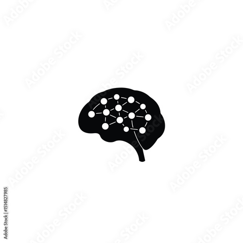 silhouette of brain with network nodes on white background