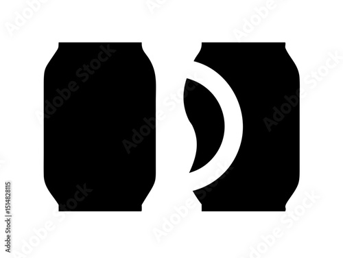 Opened and unopened aluminum soda cans, illustrating product lifecycle. Simple black and white graphic of two soda cans, one intact and the other opened with a wavy, dented top.
