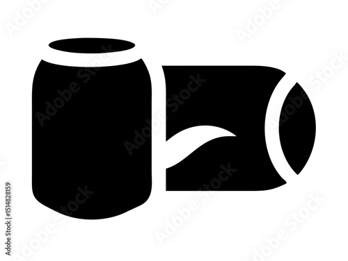 Opened and unopened aluminum soda cans, illustrating product lifecycle. Simple black and white graphic of two soda cans, one intact and the other opened with a wavy, dented top.